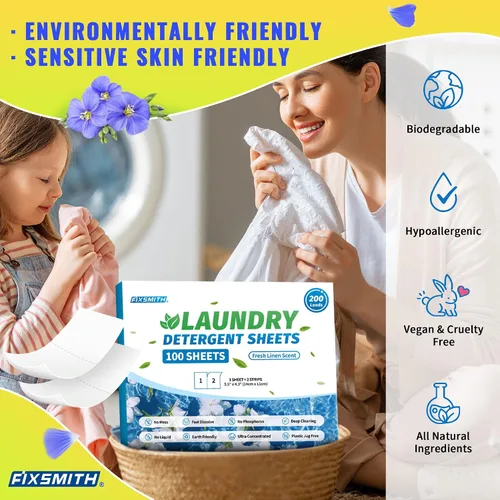 Miniatura 7 de FIXSMITH Hojas de detergente para ropa - 200 cargas (100 hojas) aroma a lino fresco - Tiras de detergente para ropa hipoalergénicas y ecológicas