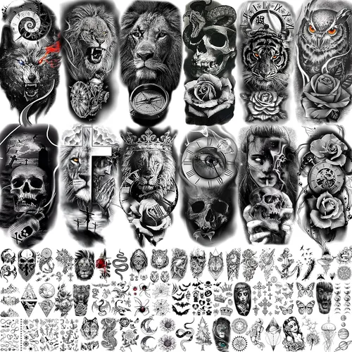 COKTAK 68 hojas de tatuajes temporales grandes para manga de medio brazo para hombres y mujeres, tatuajes temporales falsos de Halloween de tribu,