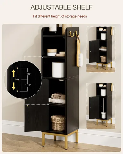 Miniatura 5 de Gabinete de Almacenamiento para Baño, Pequeño Mueble de Esquina de Piso con 2 Ganchos, Gabinete Estrecho para Papel Higiénico con Puerta de Ratán