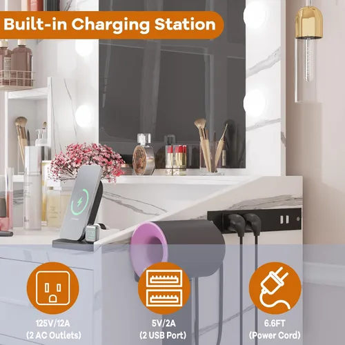 Miniatura 5 de Patikuin Escritorio de tocador con espejo y luces para dormitorio, mesa de maquillaje moderna de mármol blanco con 2 cajones, 3 modos de luz y LED