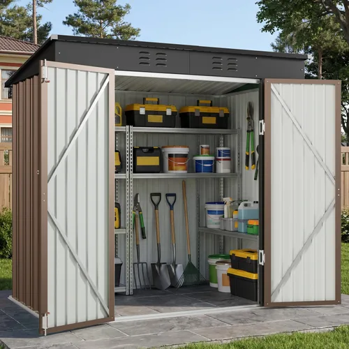Miniatura 21 de Gizoon Cobertizo de almacenamiento para exteriores de 8 x 6 pies, cobertizo de jardín de metal galvanizado con puertas dobles con cerradura, Marrón