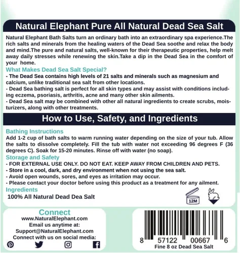 Miniatura 2 de Natural Elephant Sal de baño del Mar Muerto, tamaño de viaje de 8 onzas, 100% natural y pura, grano fino, ideal para baños y remojos