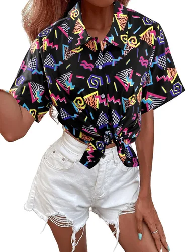 Miniatura 2 de Trajes de los años 80 y 90 para mujer, camisa de discoteca retro para fiesta temática de los años 80, camisa hawaiana de neón con botones y manga