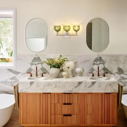 Miniatura 9 de Shenmoyl Accesorios de Iluminación para Baño, Luz de Pared de Tocador de 3 Luces Sobre Espejo con Pantalla de Cristal de Tulipán Verde para Base