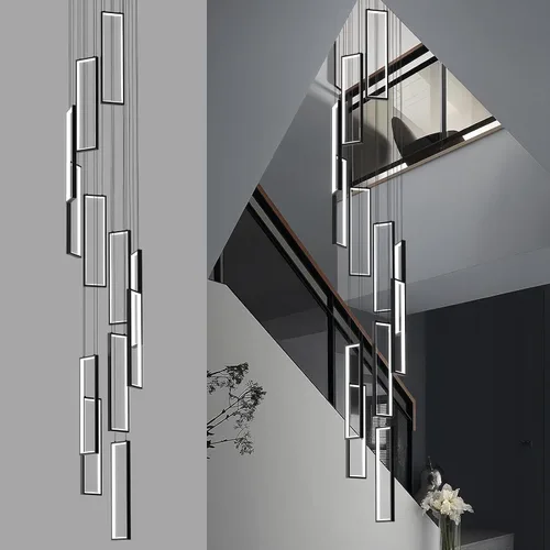 Lámpara Colgante Moderna de Altura Ajustable Luminaria Negra 252W LED Luces Colgantes 12 Anillos Candelabro Rectangular Escalera Candelabro Grande
