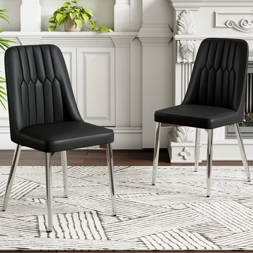 Miniatura 10 de Juego de 2 sillas de comedor modernas, sillas de comedor de piel sintética con cojín grueso y patas de metal, sillas de cocina negras para comedor