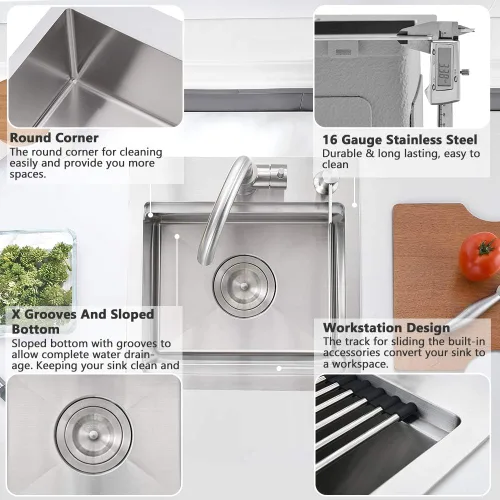 Miniatura 5 de Fregadero de barra de 15 pulgadas para estación de trabajo, fregadero de cocina pequeño de 15 x 15 pulgadas, montaje superior, calibre 16