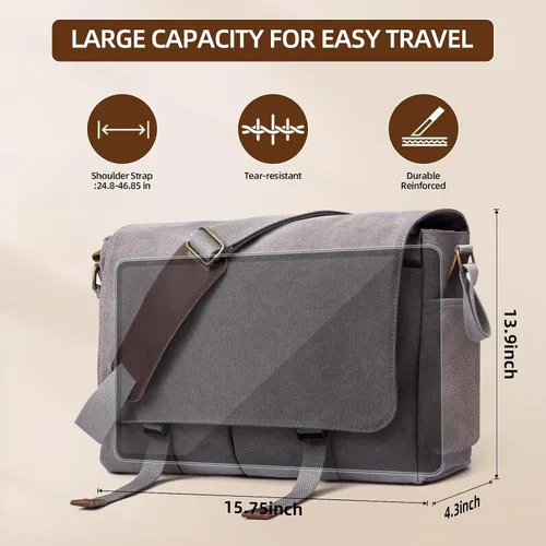 Miniatura 5 de Bolsa de mensajero para hombre, bolsa para laptop, unisex, bolsa de lona retro, 14-15.6 pulgadas, casual, bolsa de hombro individual para trabajo