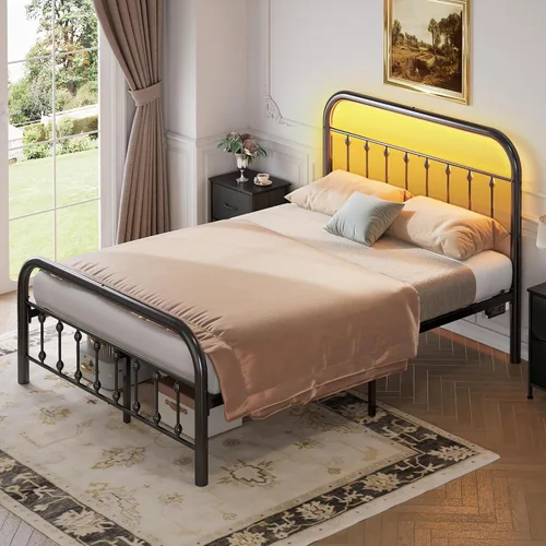 Miniatura 6 de WLIVE Marco de cama de plataforma de metal, marco de cama de tamaño matrimonial con cabecero, marcos de cama con luces LED y estación de carga, base