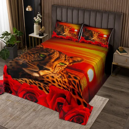 Miniatura 19 de Erosebridal Juego de edredón de león, color turquesa, verde azulado, rosa para mujeres y hombres, juego de colcha de flores de animales salvajes