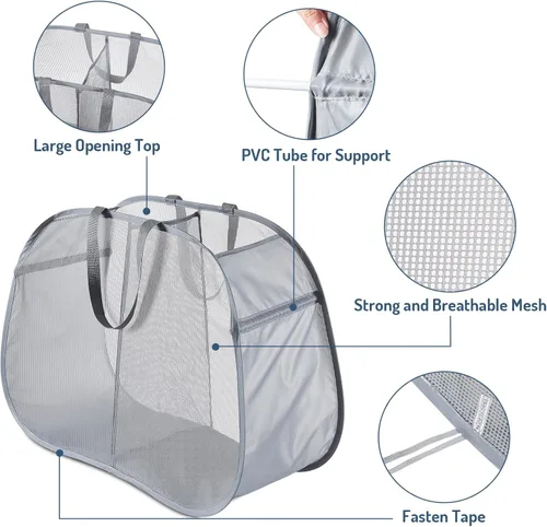 Miniatura 5 de Cesto de malla desplegable para ropa sucia, 2 compartimentos, cesta clasificadora plegable para ropa, dormitorio universitario, viajes (gris)