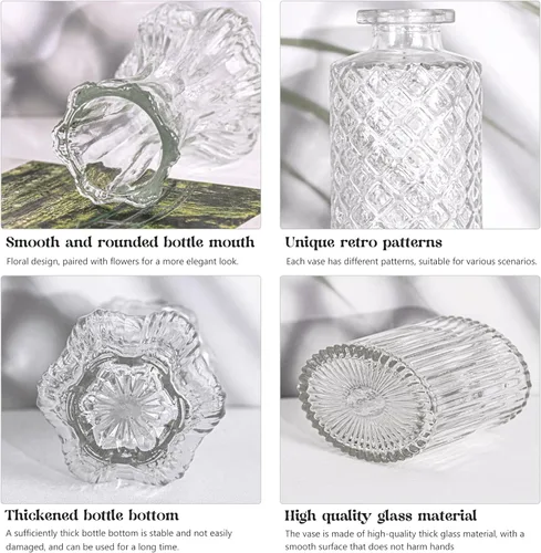 Miniatura 8 de Juego de 4 jarrones de cristal para brotes, pequeños jarrones de flores transparentes vintage como centros de mesa para mesa a granel, lindos mini