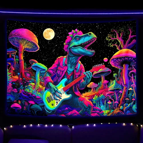 SAOLUIS Tapiz de luz negra de dinosaurio, divertidos tapices de hongos de dinosaurio de neón reactivo a los rayos UV para colgar en la pared, tapiz