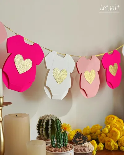 Miniatura 3 de Guirnalda de papel rosa para baby shower, de manga corta, body de tendedero para revelación de género, pancarta de cumpleaños, traje de bebé