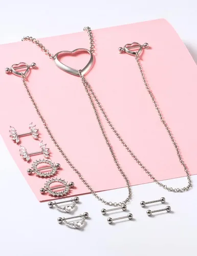 Miniatura 3 de Vqoxaggi - Piercing para pezón de acero quirúrgico de 14 G para mujer, con gargantilla, collar de corazón, pezón, barra de piercing para pezón