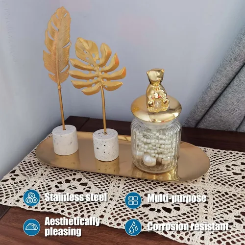 Miniatura 3 de Bandeja dorada de acero inoxidable, bandeja decorativa de tocador, platos de almacenamiento de toallas ovaladas de metal, platos organizadores