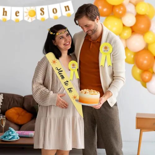 Miniatura 5 de Serencatcher Banda de baby shower para mamá niño, decoraciones de baby shower con el sol incluyen a mamá papá para ser pin corona de flores