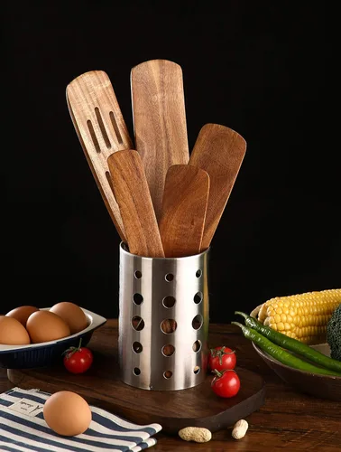 Miniatura 3 de Juego de 6 espátulas de madera para cocinar, juego de 6 espátulas de teca natural con barril de almacenamiento de acero inoxidable, utensilios