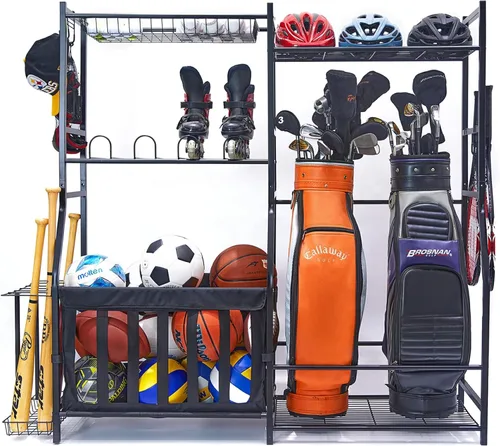 WALMANN Organizador de equipo deportivo de garaje, soporte para bolsa de golf para almacenamiento de pelotas de garaje, estante de almacenamiento de