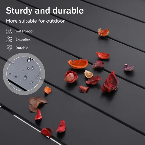 Miniatura 8 de PHI VILLA Mesa de comedor para exteriores de 37 pulgadas, con listones de acero metálico, mesa de comedor cuadrada para patio con agujero para Negro