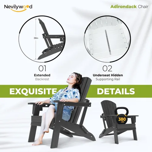 Miniatura 5 de nevilywood Silla Adirondack plegable – Respaldo ergonómico extendido, portavasos – Fácil montaje – Plástico HDPE duradero, resistente a