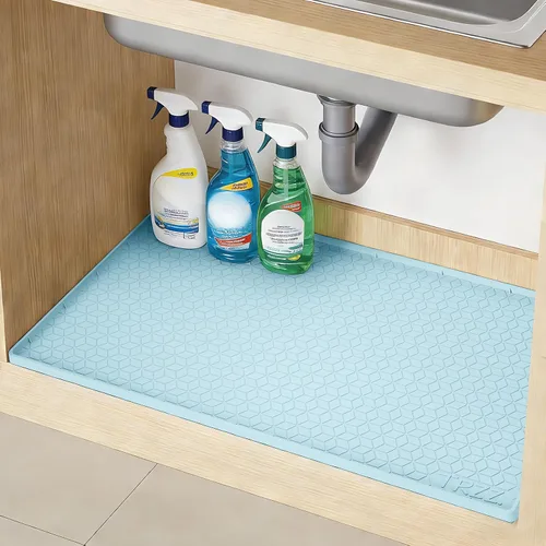 Miniatura 11 de TRZZ Tapete de silicona impermeable para debajo del fregadero de 34 x 22 pulgadas, bandeja de goteo y forro de gabinete para cocina y baño, evita