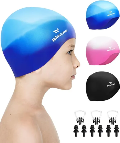 3 Pack Kids Swim Cap for Boys Girls, Unisex Silicone Swimming Caps for 3-15 Toddler Children Teen, Waterproof Bathing Caps for Short/Long Hair to