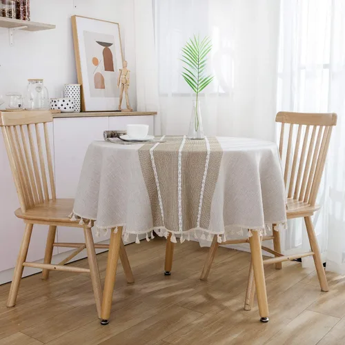 Miniatura 4 de Dimatic Mantel de Algodón y Lino de Peso Pesado - Mantel Redondo de 60 Pulgadas - Cubierta de Mesa con Costura de Borlas para Decoración de Beige
