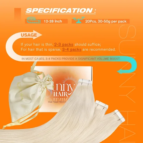 Miniatura 5 de Sunny Hair Extensiones de cabello humano con cinta adhesiva, extensiones de cabello humano rubio platinado coloridas, extensiones de cabello humano
