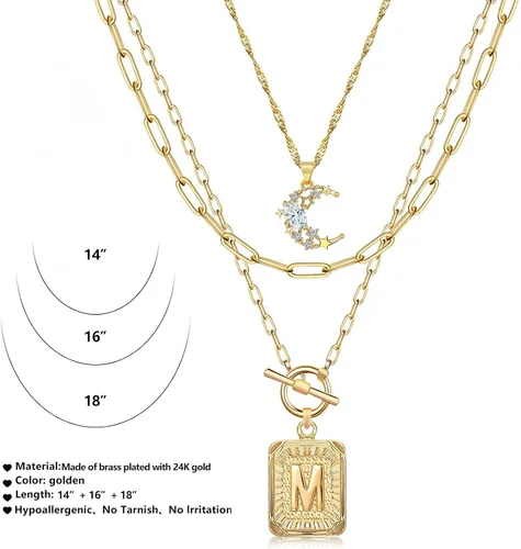 Miniatura 5 de MJartoria Collares con inicial en capas para mujer, a la moda, chapado en oro de 14 quilates, gargantilla de estrella simple, collar con dije
