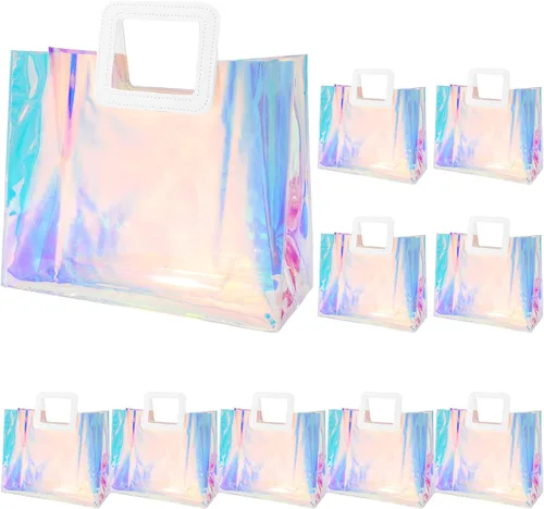 Whaline 10 bolsas de regalo holográficas de PVC de 12.8 x 11.6 x 5.7 pulgadas, bolsas de plástico con asas, bolsa de regalo grande para envolver