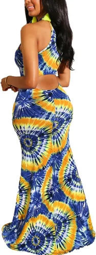 Miniatura 4 de Vestido largo halter de las mujeres, vestido de una sola pieza sin mangas con estampado teñido
