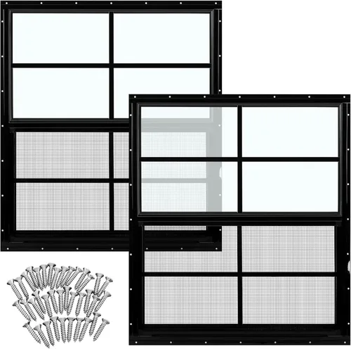 Miniatura 13 de Tandefio Paquete de 2 Ventanas de Cobertizo Empotradas de 16 x 16 pulgadas de color negro con vidrio templado y malla para el hogar, ventanas