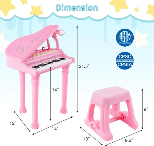 Miniatura 6 de Costzon Piano para niños, mini teclado de juguete de piano de cola de 31 teclas con micrófono, taburete y luces, piano electrónico portátil, juguete