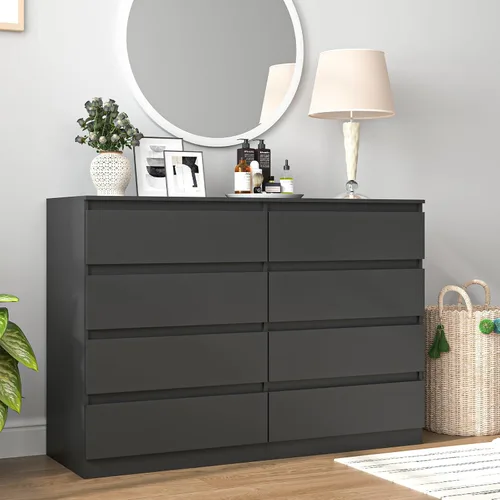 Miniatura 4 de Vibe & Dine Cómoda doble de 8 cajones, cómoda de madera moderna con amplio almacenamiento para armario, dormitorio, sala de estar, color negro