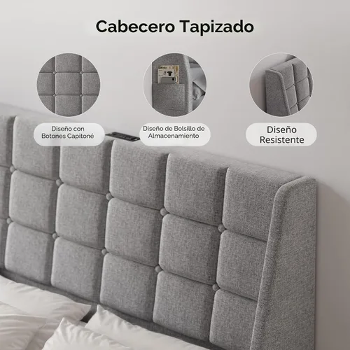 Miniatura 7 de ONBRILL Cabecero tapizado ergonómico de tamaño completo con estación de carga, cabeceros con respaldo de ala de lino con bolsillo de almacenamiento