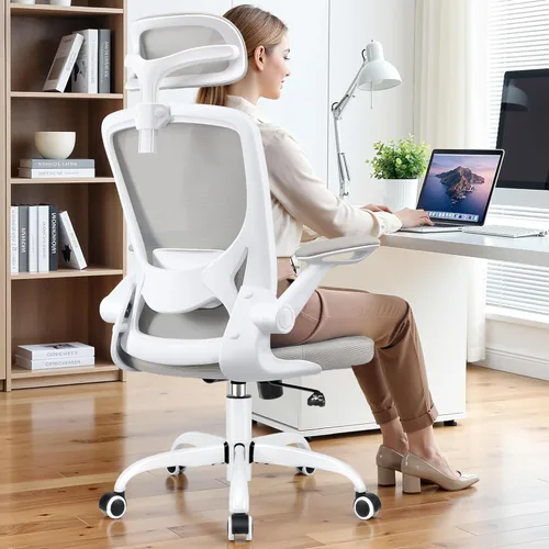 Miniatura 10 de BESTFAIR Silla de oficina ergonómica, sillas de oficina de malla transpirable con soporte lumbar ajustable, brazos abatibles, silla de escritorio