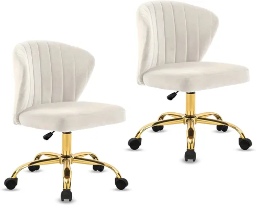 Miniatura 10 de CLATINA Silla de escritorio de terciopelo para el hogar con ruedas de base dorada, altura ajustable, tapizada, cómoda, ergonómica, sin brazos