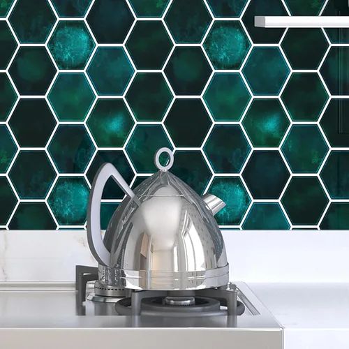 Miniatura 2 de Livelynine Azulejos de color verde oscuro para cocina, 12 x 12 pulgadas, 4 azulejos hexagonales para pegar en la parte trasera de cocina, azulejos
