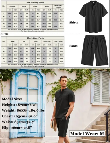 Miniatura 6 de COOFANDY Conjunto de 2 piezas de lino para hombre, camisas y pantalones cortos Henley de manga corta y pantalones cortos de verano para playa y yoga