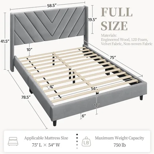 Miniatura 2 de Yaheetech Armazón de Cama Full Tapizado Cama de Plataforma con Cabecera Acolchada con Alas Laterales/Soporte de Listones de Madera Resistente/No