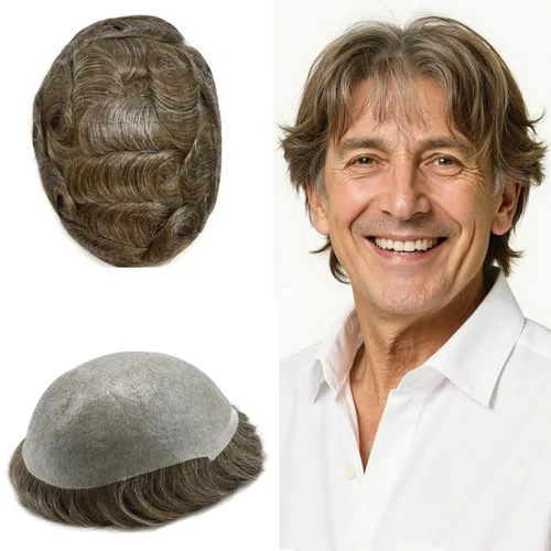Miniatura 15 de Tupé de piel ultra fina para hombres pieza de cabello humano real sistema de reemplazo 0.002 in Mens Toupee Hairpiece para hombres V-Loop 8x10 80%