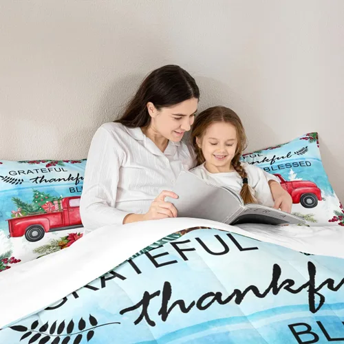 Miniatura 2 de Juego de edredón de Feliz Navidad para niños, tamaño twin, juego de ropa de cama de camión rojo árboles de pino copos de nieve, decoración