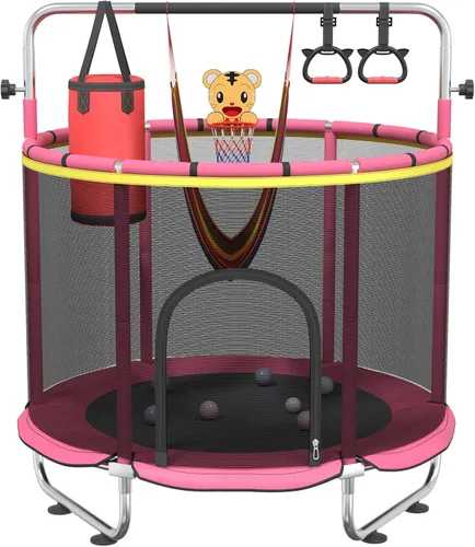Miniatura 11 de Trampolín infantil de 60 pulgadas para niños de 2 a 4 años, mini trampolín de 5 pies para interiores con pelota de baloncesto, barra de gimnasia