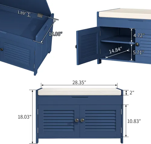 Miniatura 2 de WARMHONIU Banco de Almacenamiento para Zapatos con Tapa Levantable, Banco de Entrada con Asiento Acolchado, Estante Ajustable, Zapatero de 2 Niveles