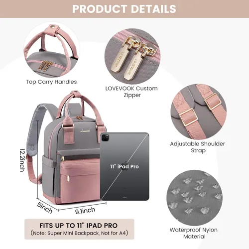Miniatura 5 de LOVEVOOK Mini mochila para mujeres y niñas, elegante mochila impermeable con puerto USB, bonita mochila para la escuela, viajes, fiestas, Rosa &