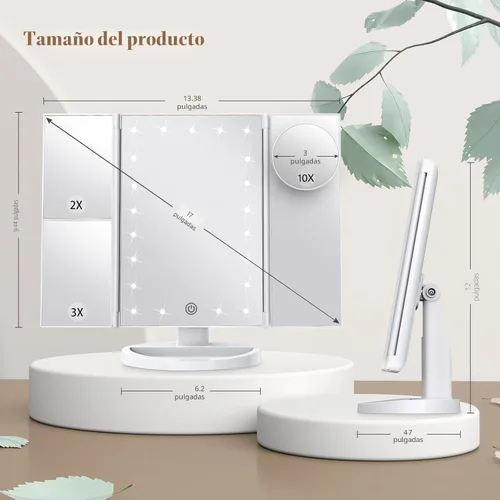 Miniatura 7 de HUONUL - Espejo para maquillaje con luces LED, aumento de x1, x2 y x3, iluminado, control táctil, espejo triple plegable, fuente de alimentación