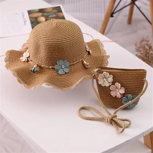 Miniatura 2 de Sombrero de paja para bebé niña + bolsa de playa para niñas, sombrero de paja para niños, sombrero, sombrero de flores para niños