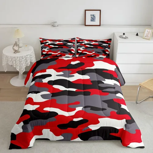 Miniatura 23 de Feelyou Juego de edredón de camuflaje naranja para niños, tamaño individual, juego de ropa de cama de camuflaje estilo militar para niños y niñas