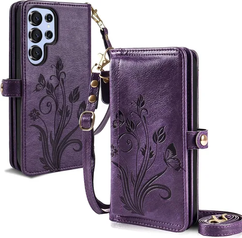 Miniatura 6 de Funda tipo cartera cruzada para Galaxy S24 Ultra, [protección contra escaneo de robo de tarjetas] tarjetero con cremallera y tapa de piel, soporte